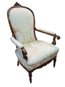 Newly re-upholstered Victorian walnut high back armchair.