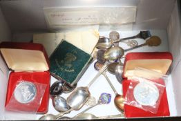 Box with coins, Masonic and other souvenir spoons, etc.