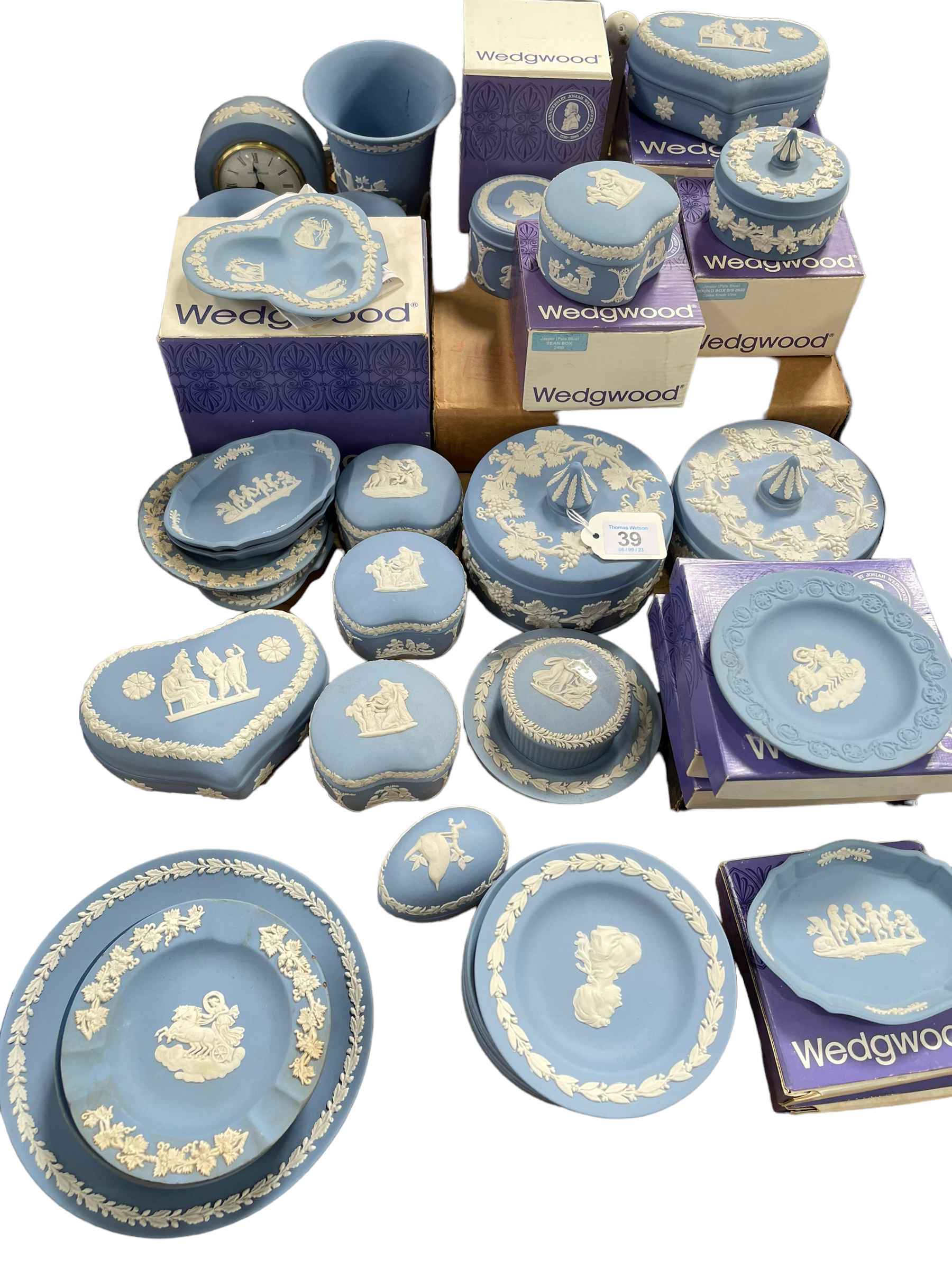 Collection of Wedgwood blue Jasperware, some with boxes.