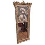 Ornate gilt framed mirror with incorporated classical scene print, 126cm by 53cm.