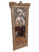 Ornate gilt framed mirror with incorporated classical scene print, 126cm by 53cm.