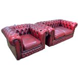 Red leather button back Chesterfield settee and chair.