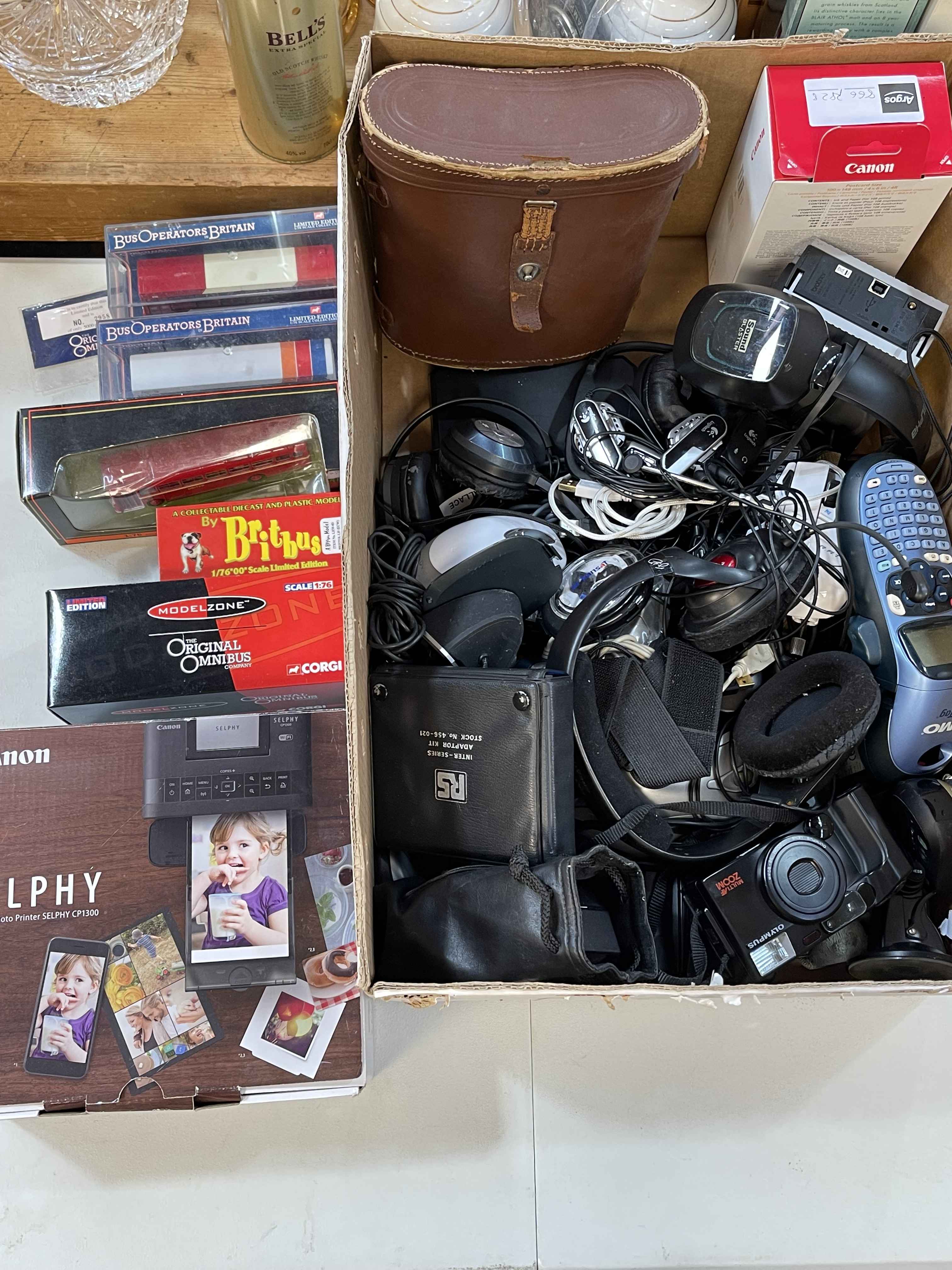 Collection of camera equipment, model buses, binoculars, etc.