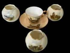 Royal Worcester 'Ann Hathaways Cottage' cup and saucer, and three small China Works vases (4).
