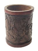 Bamboo brush pot with equestrian and figure decoration, 16.5cm.