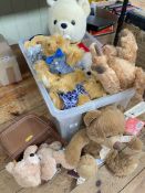 Box of teddy bears including Paddington, Steiff Fyn, etc.