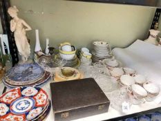 Collectors plates, part teawares, cased vanity accessories, glass, etc.