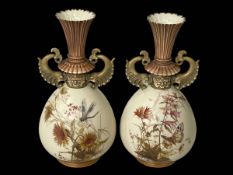 Pair Royal Worcester vases, with dragon fly and butterfly with wild flowers on ivory ground,