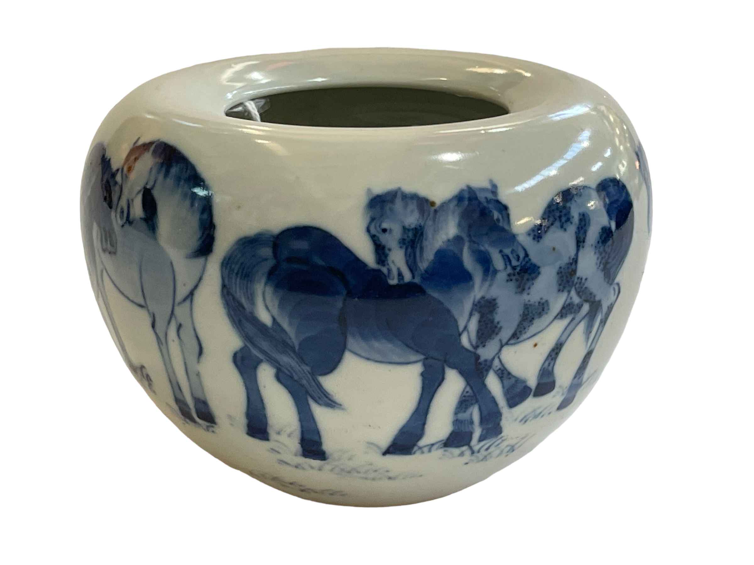 Chinese blue and white brush washer decorated with horses, blue seal mark to base. - Image 2 of 3