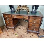 Maple & Co inlaid mahogany kneehole desk, 138cm wide, 76cm deep.