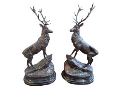 Pair of large bronze stags on rocky outcrops mounted on marble stands, 75cm.