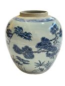 Chinese blue and white ginger jar with tree decoration, 24cm.