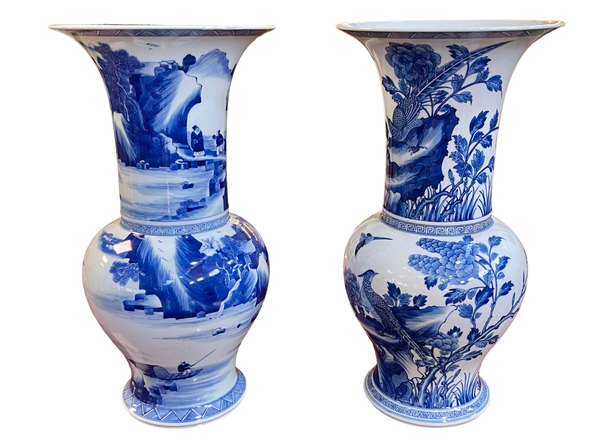 Two large Chinese blue and white vases with landscape and exotic bird decoration, 44cm. - Image 2 of 4