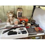 Two Charlie Bears, Budweiser model, train set, coins, costume jewellery,