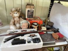 Two Charlie Bears, Budweiser model, train set, coins, costume jewellery,