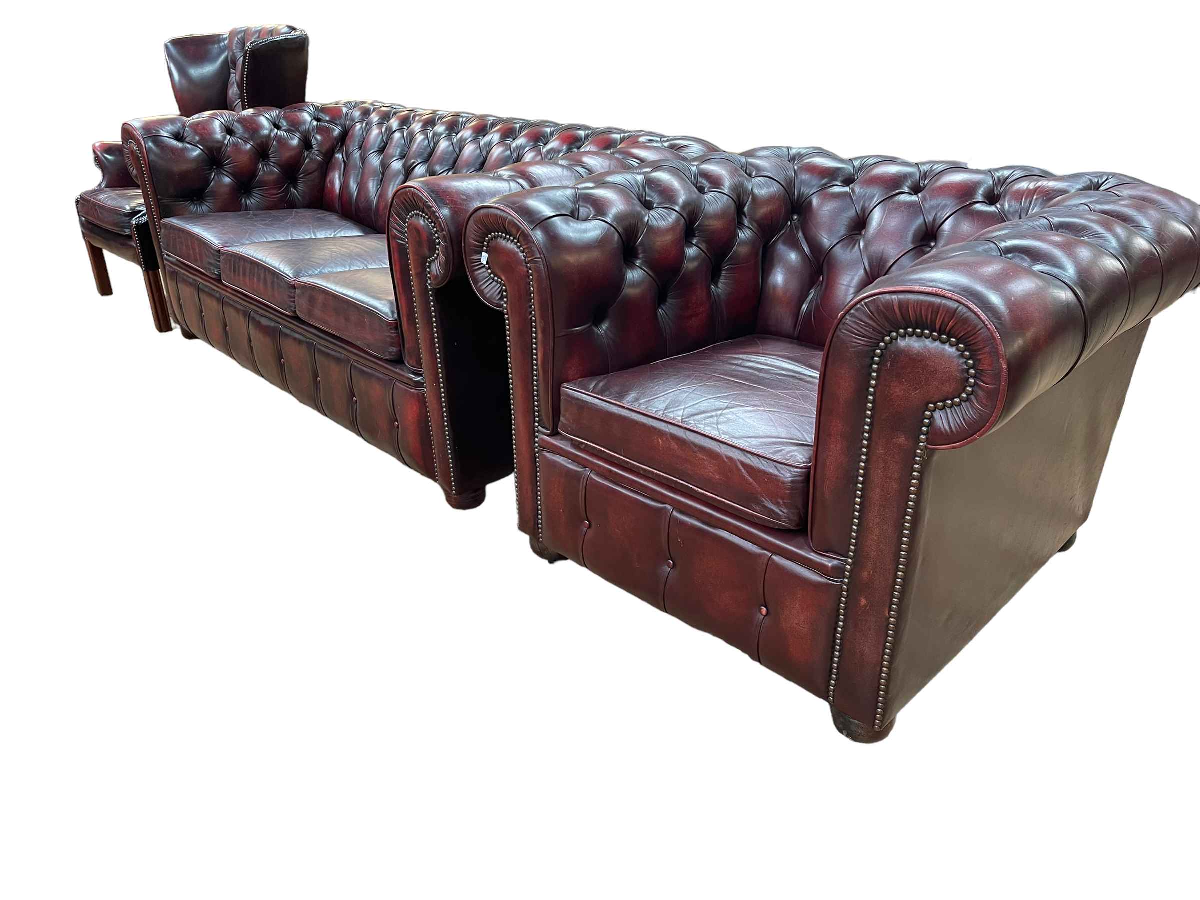 Three piece button backed ox blood leather three seater Chesterfield suite. - Image 2 of 2