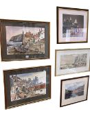 L Spence two watercolours of Staithes, Arthur Delany print, and two other pictures (5).