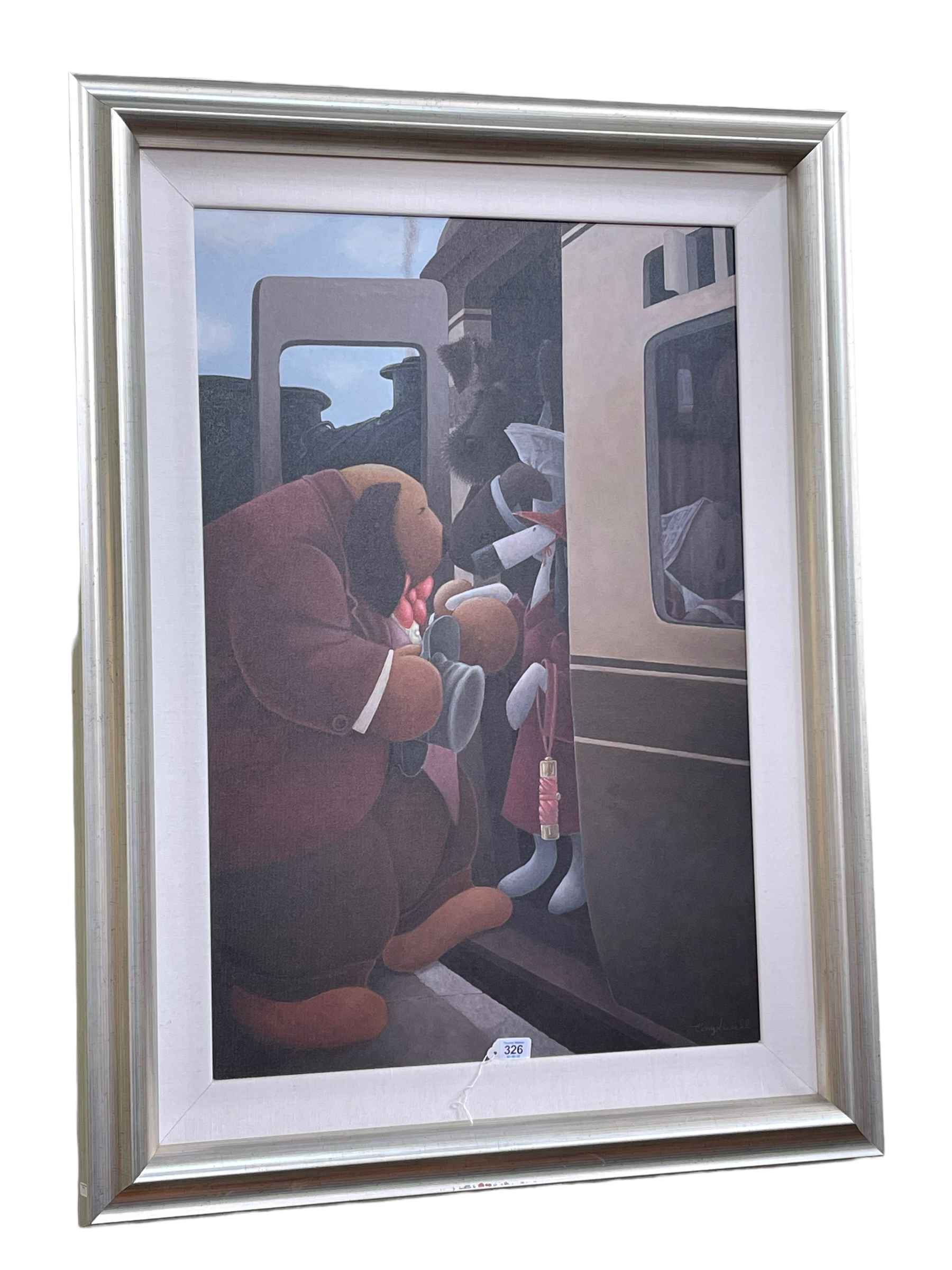 Tony Linsell, Two's Company, oil on canvas, signed lower right, 90cm by 59cm, in silvered frame.