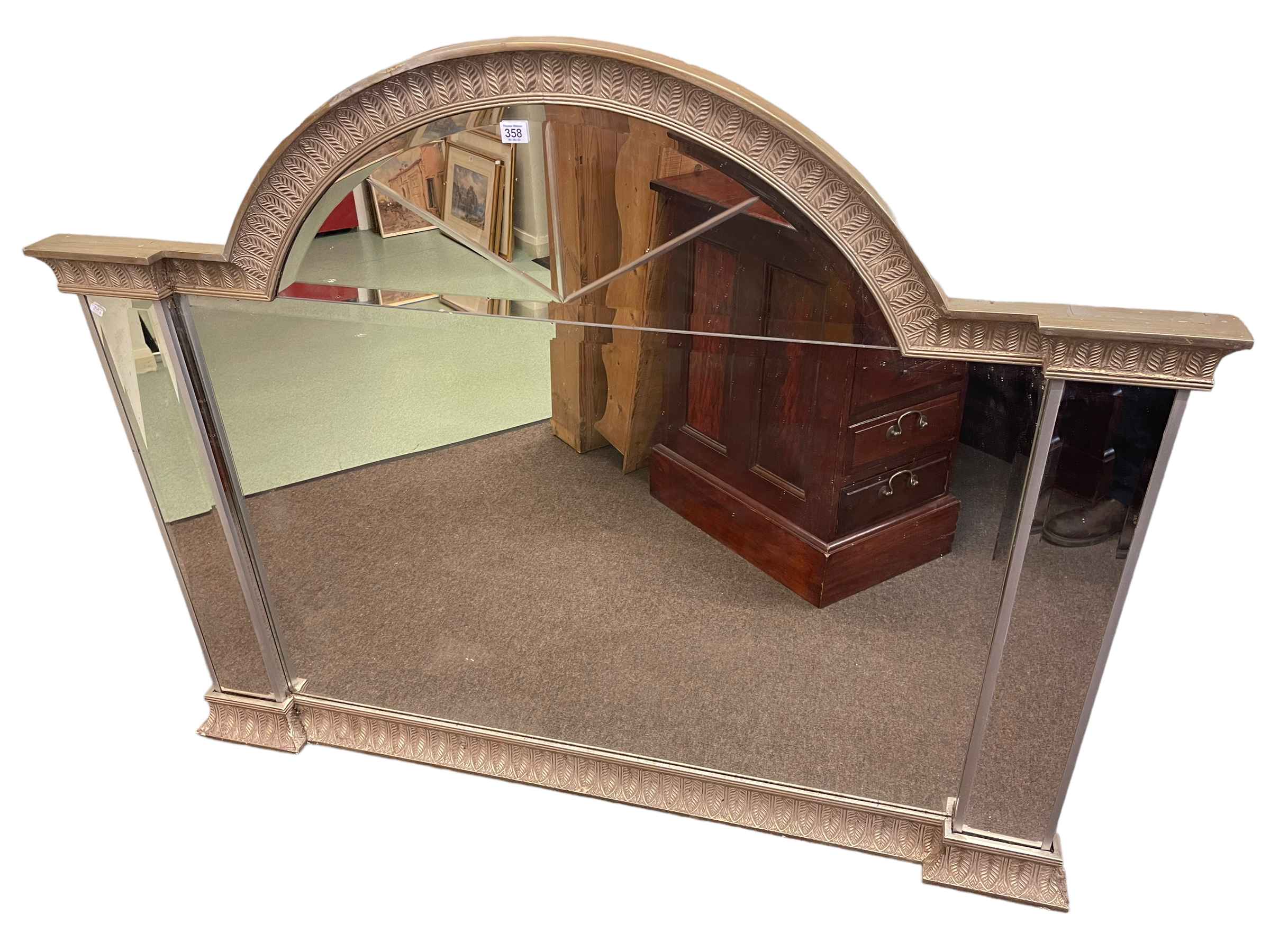 Large silvered frame overmantel mirror, 148cm by 118cm.