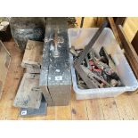 Collection of hand tools, key locks, tool box, bench ends etc.