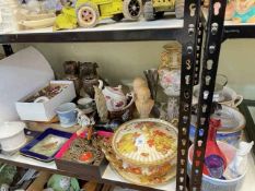 Collection of early Victorian porcelain, horse brasses, Lilliput Lane, Staffordshire dogs, etc.