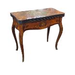 Marquetry fold top games table, 86cm wide.