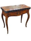 Marquetry fold top games table, 86cm wide.