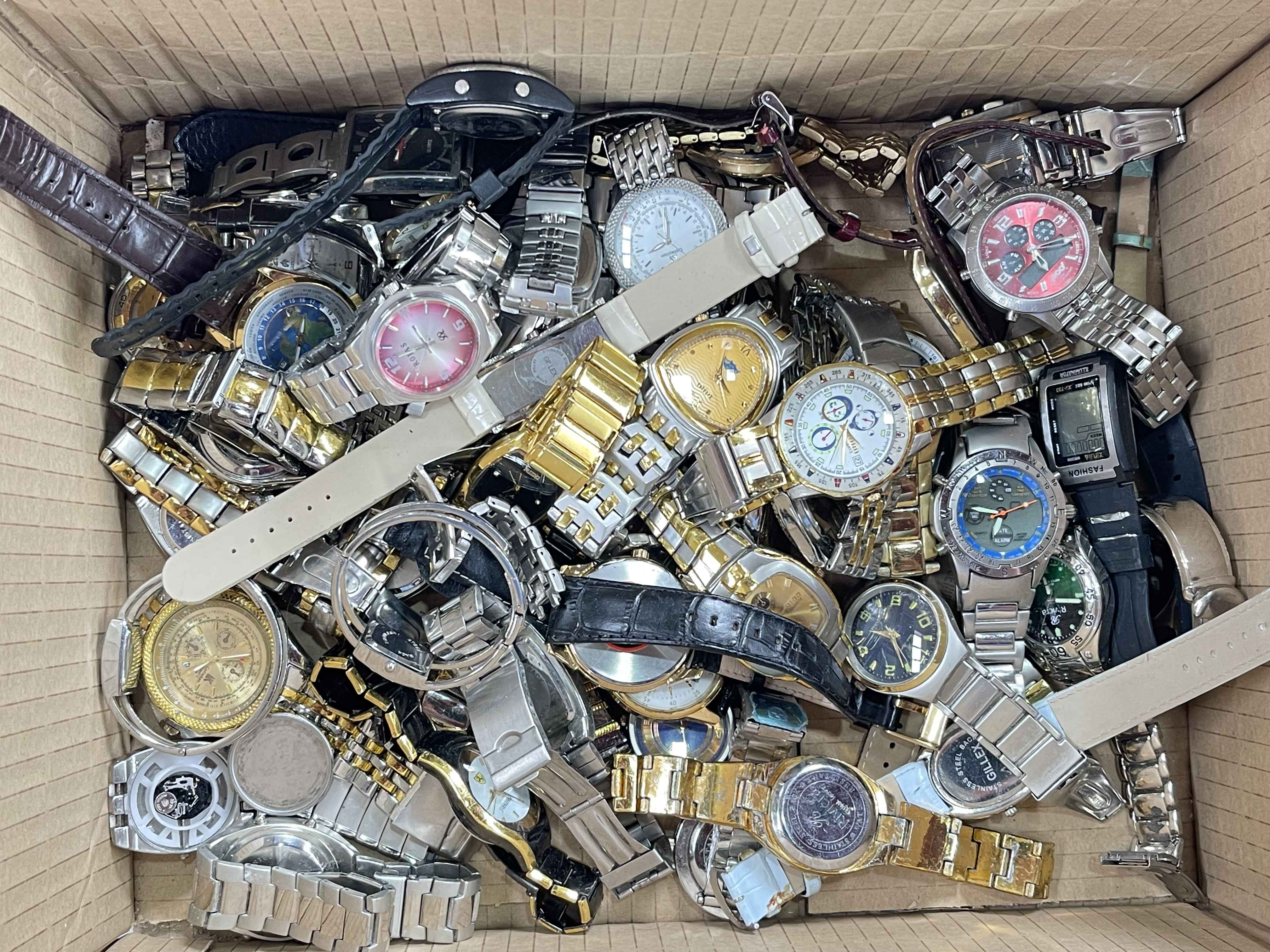 Box of wristwatches.