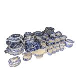 Collection of blue and white Spode porcelain including tureens, teapot, etc, 75 pieces.