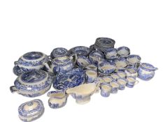 Collection of blue and white Spode porcelain including tureens, teapot, etc, 75 pieces.