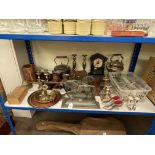 Collection of metalwares including cutlery, candle holders, door stops, inlaid box, pipes,