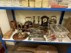 Collection of metalwares including cutlery, candle holders, door stops, inlaid box, pipes,