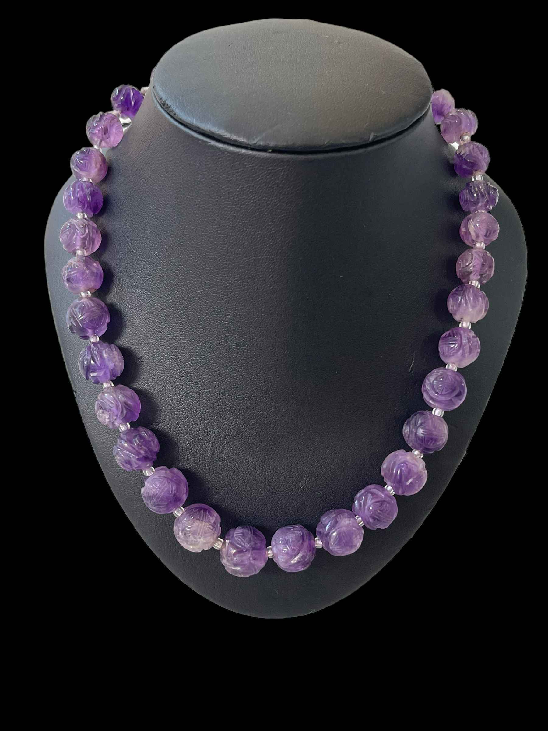 Chinese amethyst bead necklace with hallmarked clasp, 42cm length.