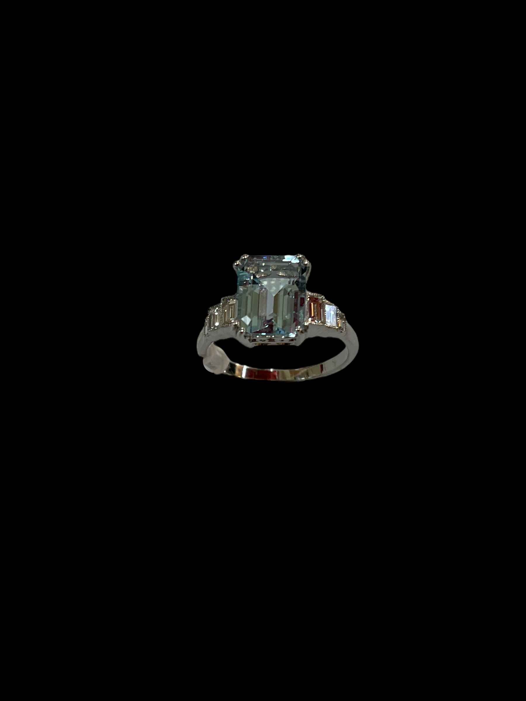 Aquamarine and diamond white gold ring, having 1.5 carat aqua with baguette set shoulders, size O. - Image 2 of 3