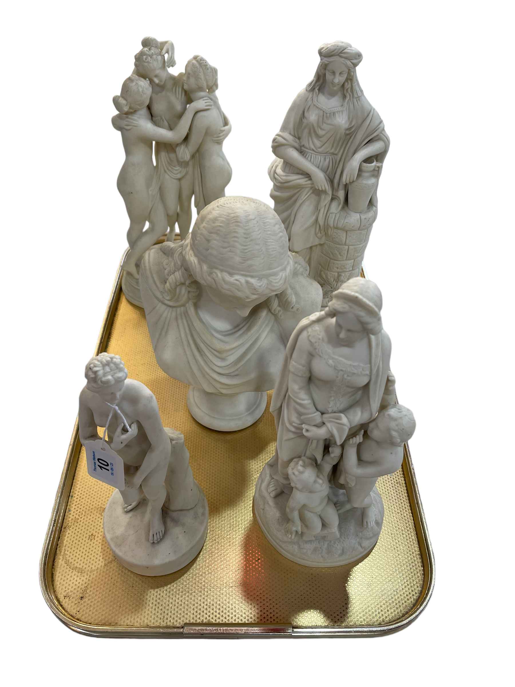 Five pieces of Victorian Parian including Three Graces and a bust.
