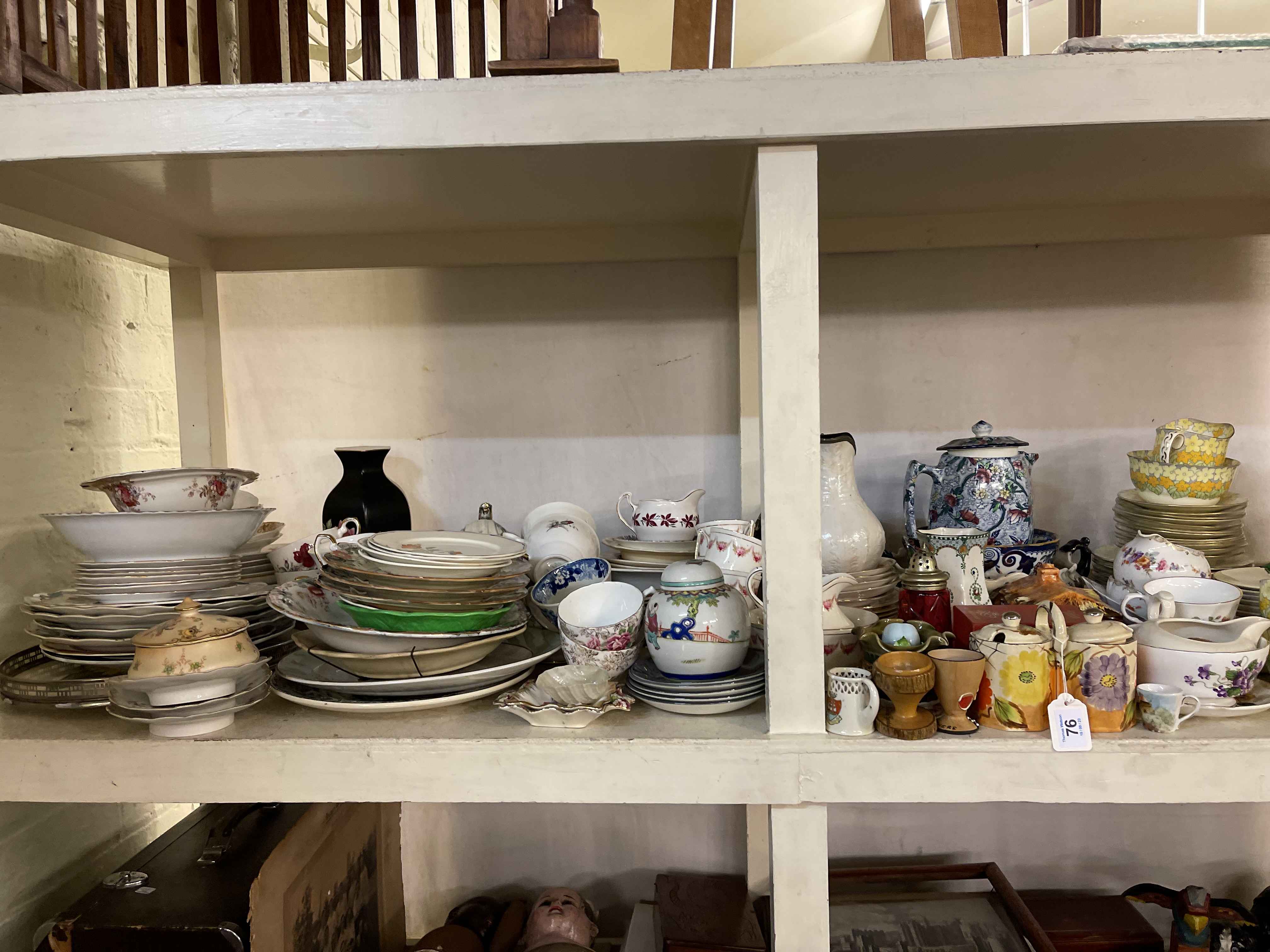 Collection of early Victorian pottery, part tea wares, bust, crested china, etc.