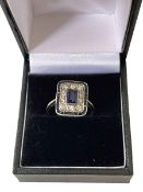 Art Deco style sapphire and diamond ring in white gold, size N/O.