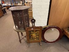 Indian carved octagonal occasional table, circular brass topped coffee table, oak barometer,