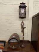 Victorian wall clock, fretwork barometer, oak brandy barrel and stand and smokers stand (4).