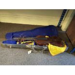 Two guitars, inlaid Bouzouki in case and antique violin with label and case.