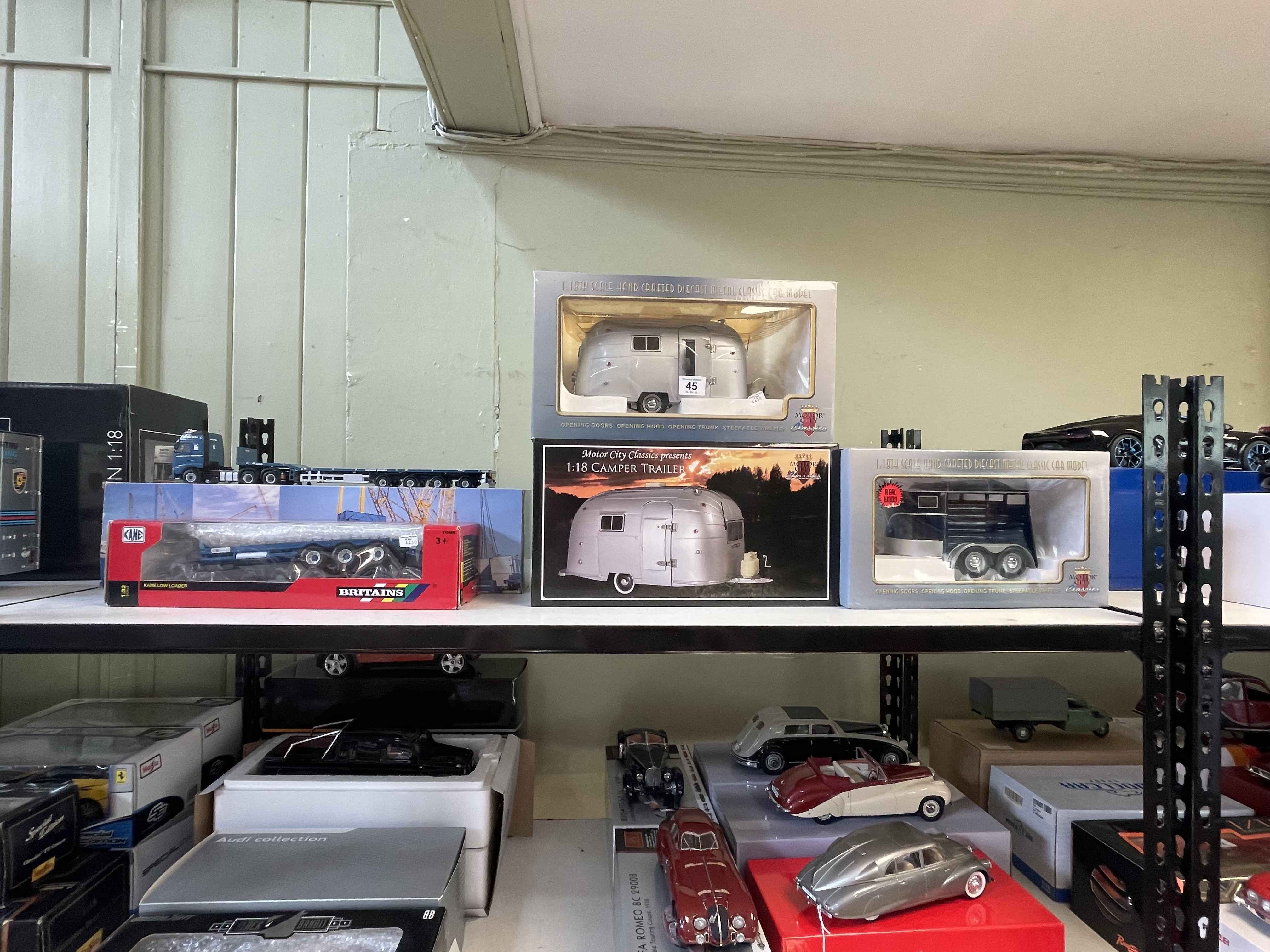 Three 1:18 Motor City Classics, two Airstream and Horse Trailer,