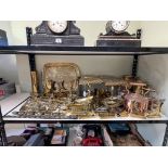 Good collection of brass and copper including tazza's, serving tray, horse brasses, kettle, bed pan,