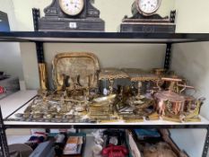 Good collection of brass and copper including tazza's, serving tray, horse brasses, kettle, bed pan,
