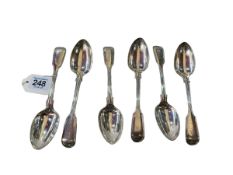 Set of six Victorian silver fiddle pattern dessert spoons, London 1859.