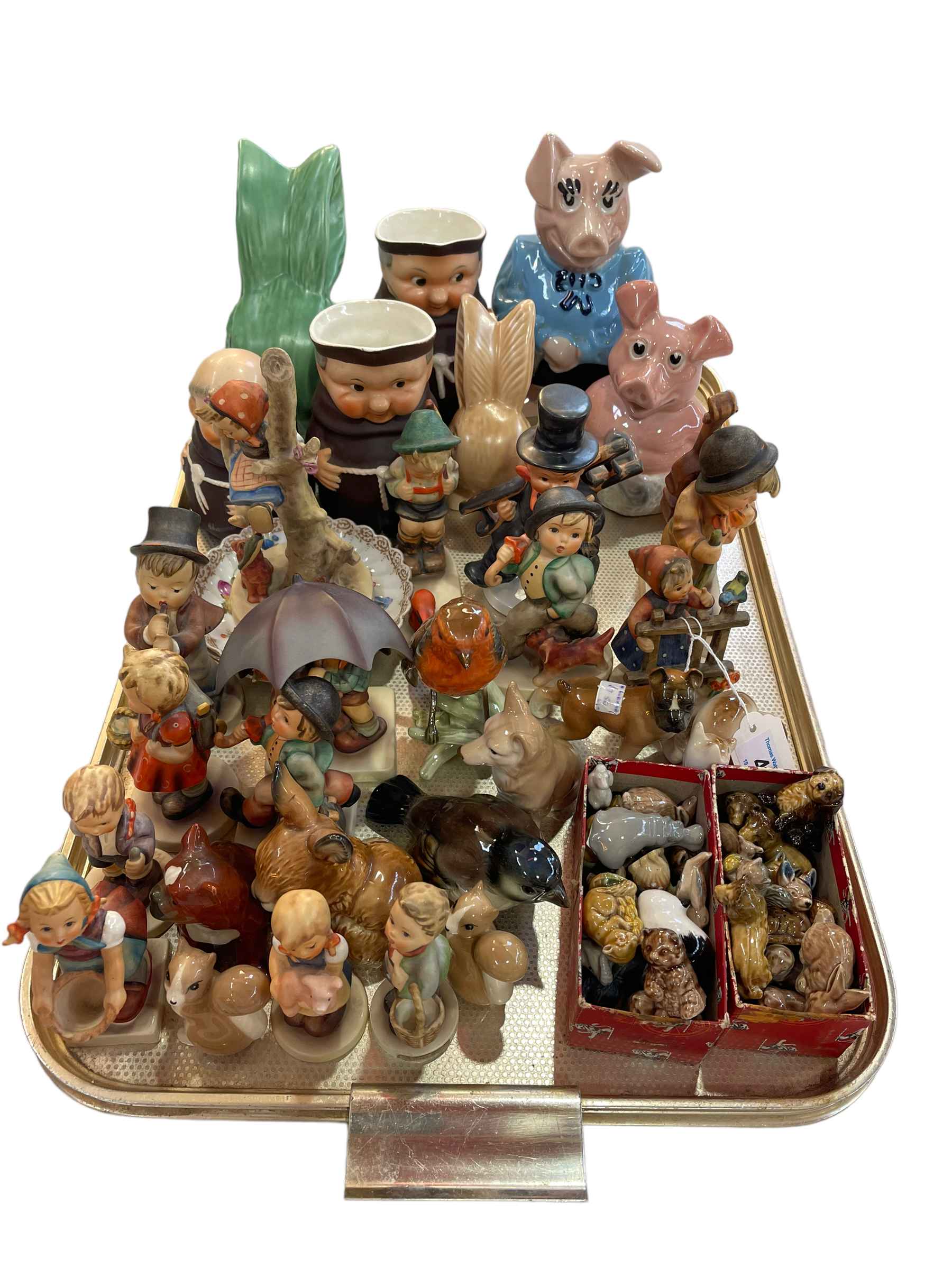 Tray lot with Hummel figures, Wade Whimsies, etc.