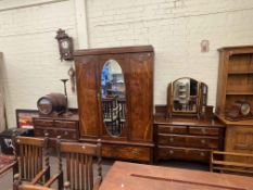 Early 20th Century walnut three piece mirror door bedroom suite and walnut triple dressing mirror