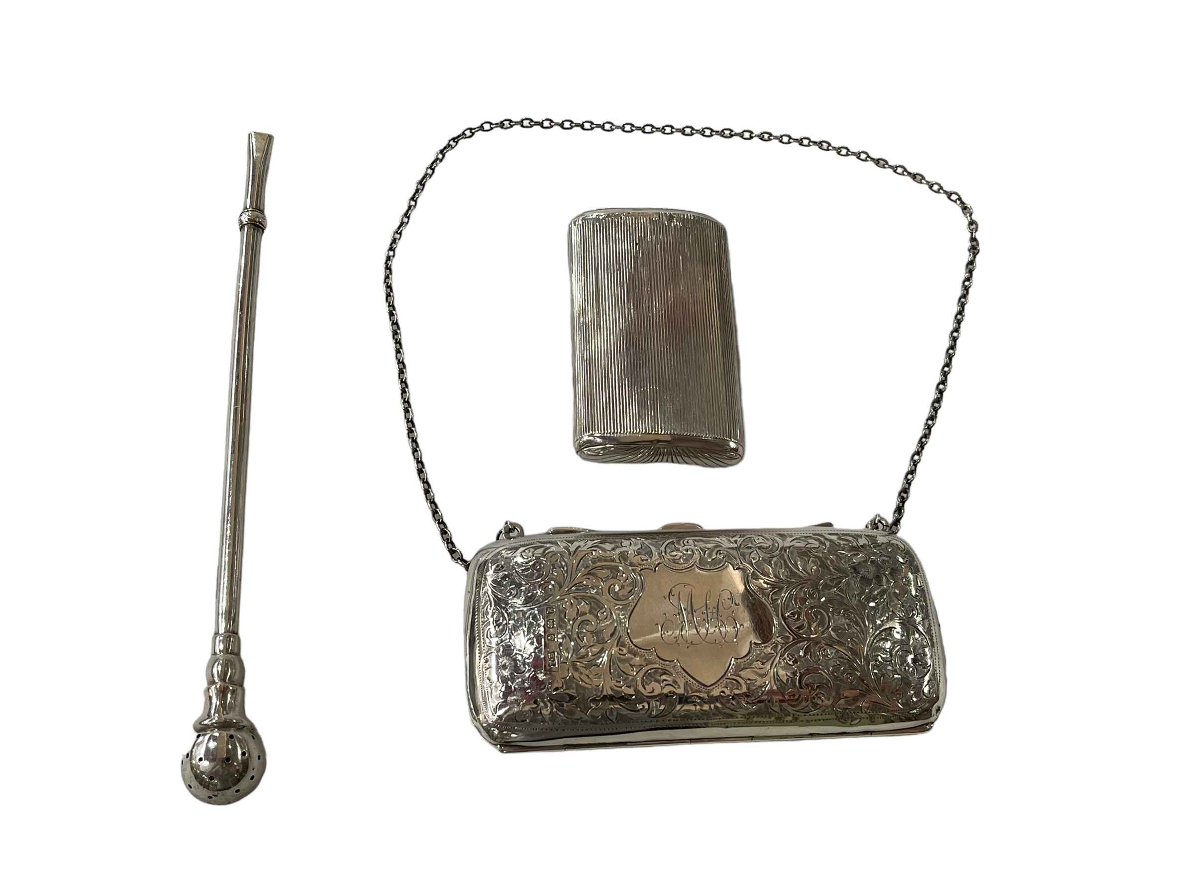 Edwardian silver purse with overall engraved foliage, Birmingham 1909, Dutch silver snuff box,