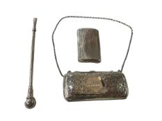 Edwardian silver purse with overall engraved foliage, Birmingham 1909, Dutch silver snuff box,