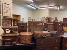 Two carved stools, book trough, hat box, leather attaché and brief cases,