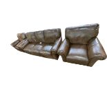 Contemporary tan leather three piece lounge suite.